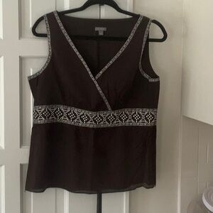 Ann Taylor V-Neck Sleeveless Top with White Threaded Detail - 12